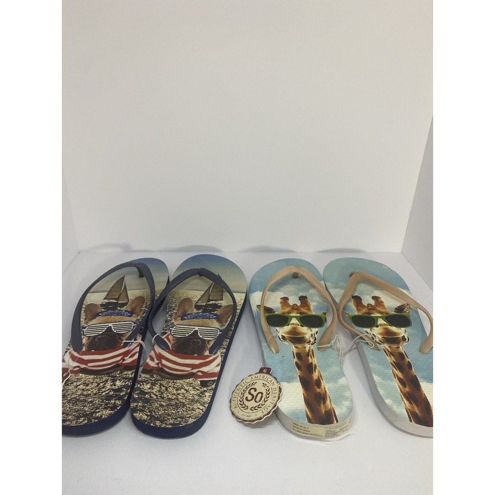 Kohl's So Animal Graphic Flip Flops Lot of 2 Pug and Giraffe Sz L (9-10)‎